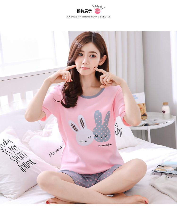 Đồ ngủ mùa hè cô gái cotton mùa xuân và mùa thu dễ thương hoạt hình nữ ngắn tay Đồ ngủ Hàn Quốc kích thước lớn phù hợp với dịch vụ nhà đồ pijama nữ