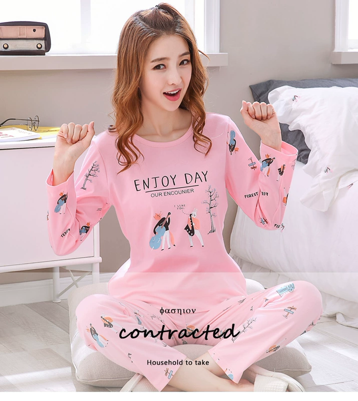 Bộ đồ ngủ nữ mùa xuân và mùa thu cotton dài tay phù hợp với mùa hè mỏng học sinh Hàn Quốc cộng với phân bón XL nữ mùa đông dễ thương thời trang mặc nhà 