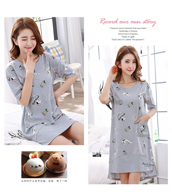 Summer lady cotton ngắn tay váy ngủ hoạt hình mùa xuân dễ thương cộng với phân bón XL cotton béo mm mùa thu và đồ ngủ mùa đông áo đầm đẹp