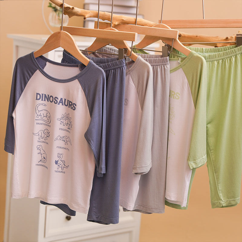 Modal children's home clothes boys and girls cropped pants pajamas set in the big children's ultra-thin air-conditioning clothes summer