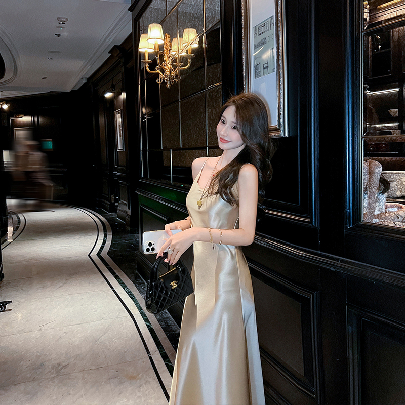 Lugao Gao·Qingxu French Acetate Satin Slip Dress for Women, New Summer Style, Gentle Vacation Style Long Dress