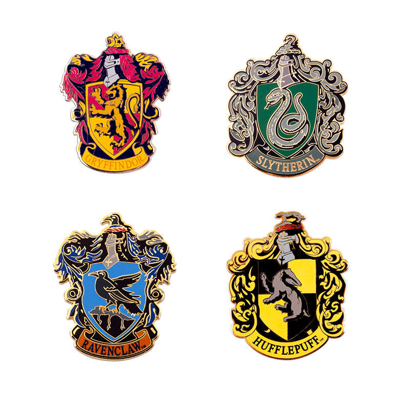 Harry Potter merchandise: Four Houses badges, metal Slytherin badges, Gryphon badges, Hogwarts brooches, worldwide style.