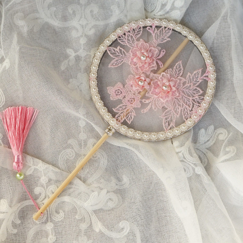Hanfu accessories fan small round fan long handle embroidered flowers ancient style photo props palm fan mini children's group fan
