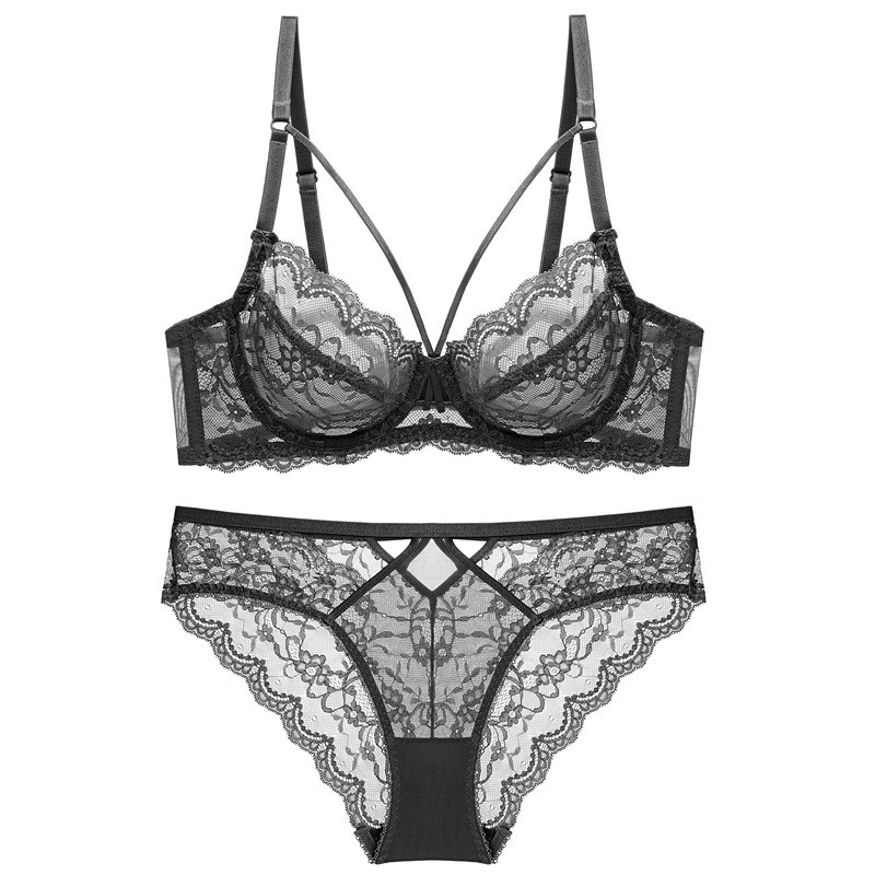 Large Size Lace Transparent Breathable Underwear Without Sponge, Big Breasts Appear Smaller, Women's Bra, Sexy Ultra-Thin Bra Set