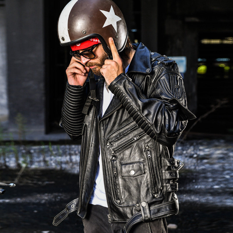 American Street Harere Heavy Machine Car With Leather Jacket Man Genuine Leather Leather Clothing Head Layer Bull Leather Diagonal Ferris Locomotive Clothes