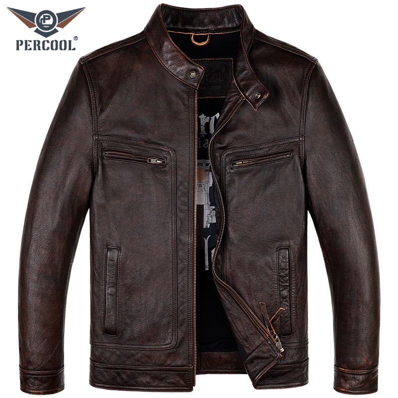 Men's leather leather clothing upright collar youth headliner Bull Leather Retro Locomotive Leather Jacket Fashion Business Casual Leather outer cover