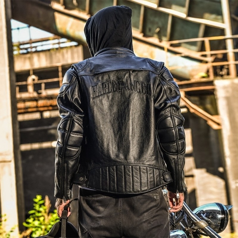 Men's leather leather Harley motorcycle riding suit Hooded cowhide leather jacket Youth motorcycle jacket tide brand autumn