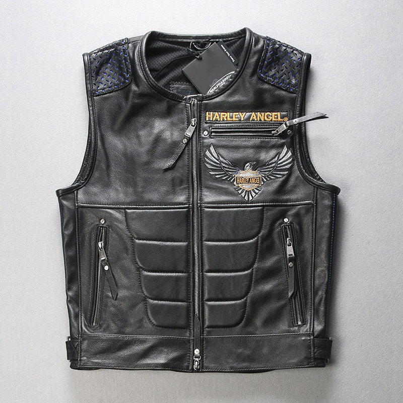 Harley leather vest men's first layer cowhide round neck short slim youth fashion handsome riding motorcycle vest