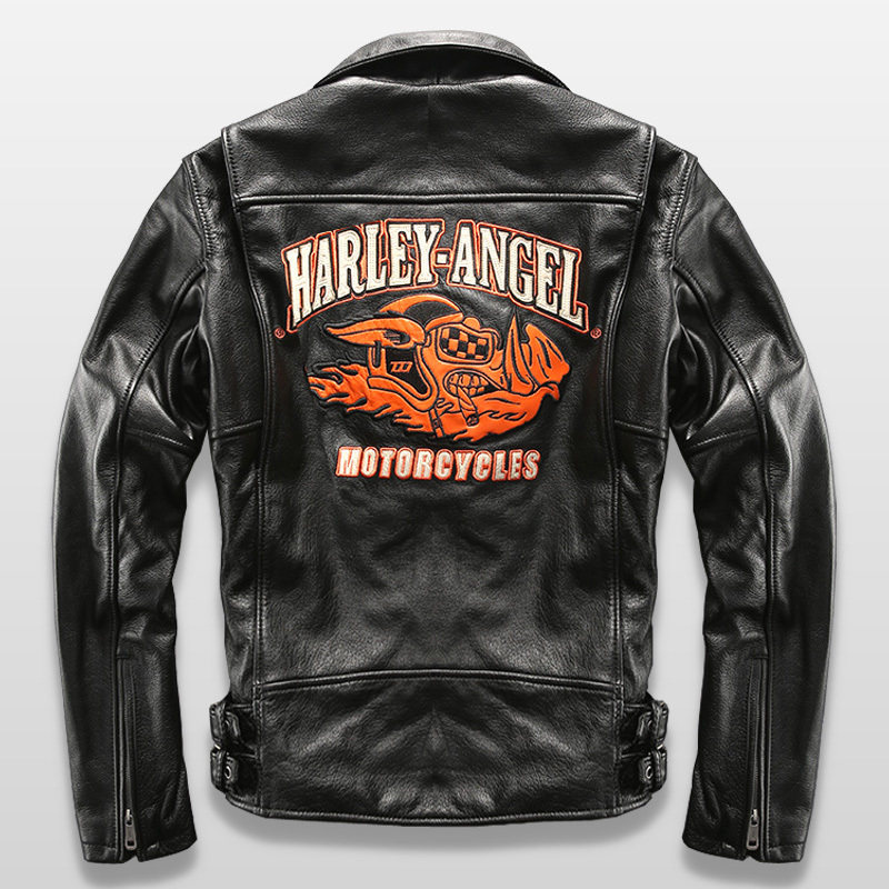 Harley motorcycle riding locomotive clothing men's leather jacket top layer cowhide jacket lapel zipper embroidered jacket