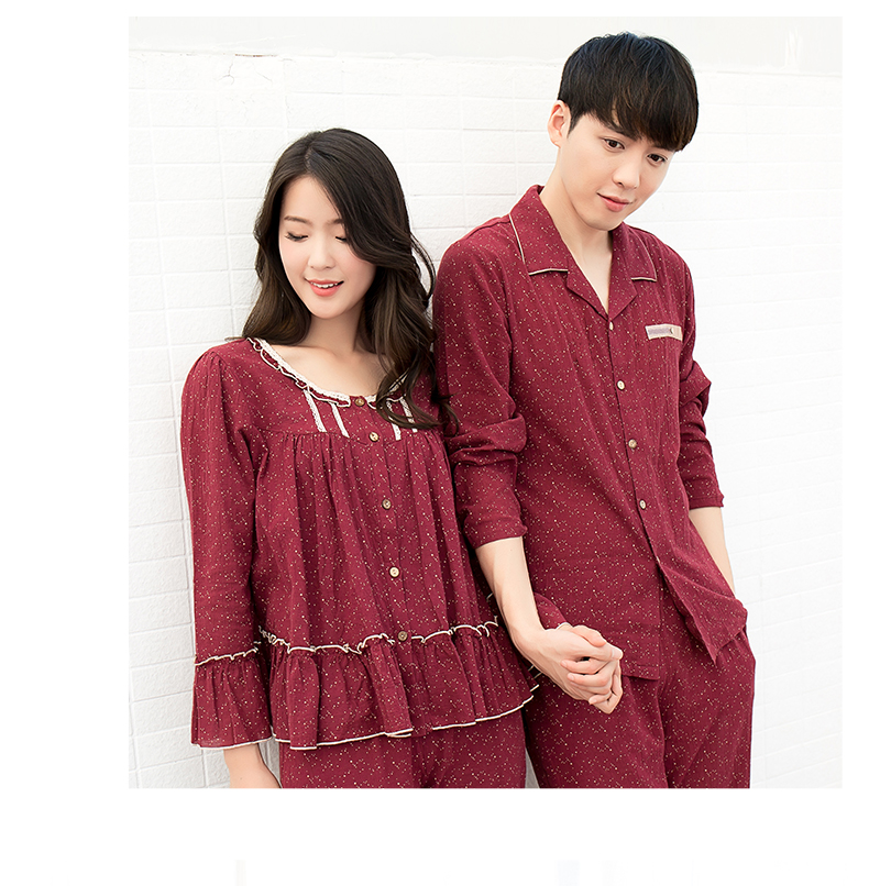Anzhi với vài màu đỏ đồ ngủ dài tay bông Hàn Quốc bông mùa xuân và mùa thu người đàn ông giản dị và phụ nữ dịch vụ nhà phù hợp với đồ bộ cao cấp