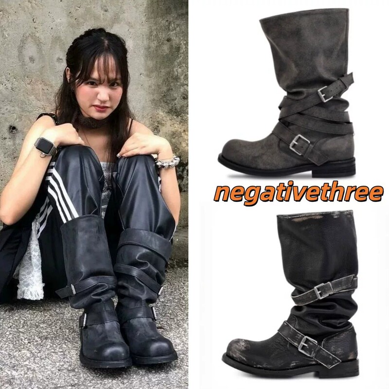 Authentic Korean Negative Threent3 Retro Buckle Motorcycle Mid-Calf Stacked Boots Nt3 9.16