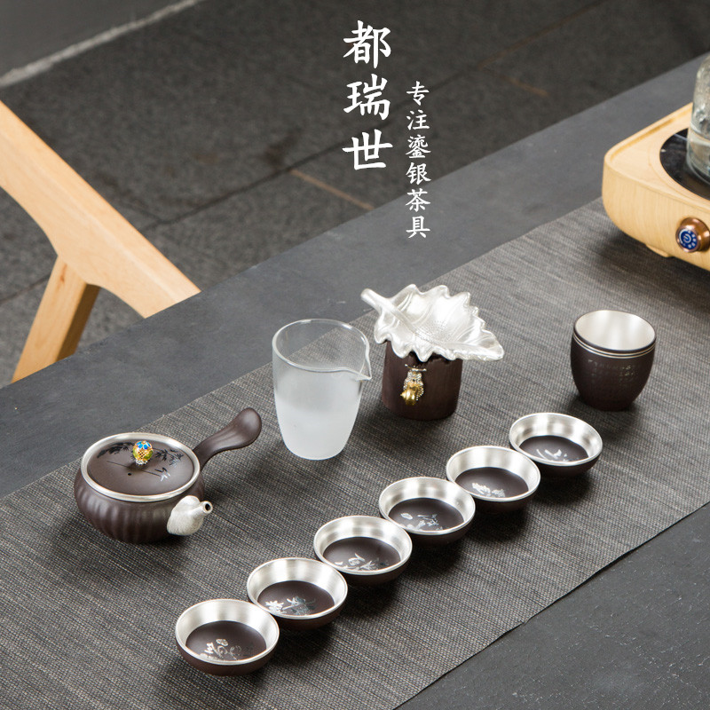 Silver tea set 999 sterling silver purple sand kung fu tea set household pure handmade gilt side pot Master Cup set