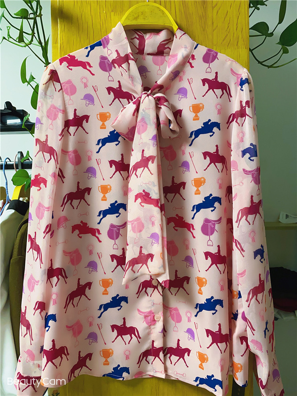 Colorful Floral Sleeve 23C6065 Spring and Autumn New Printed Top with a Stylish Design, Tie-Up, Versatile Shirt for Women