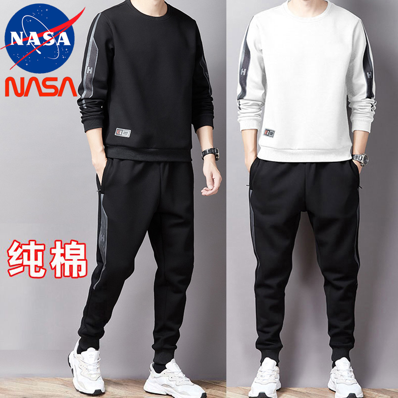 Nasa Co-Branded Casual Sports Suit for Men, Spring Pure Cotton Crew Neck Sweatshirt, Spring and Autumn Running Matching Two-Piece Set