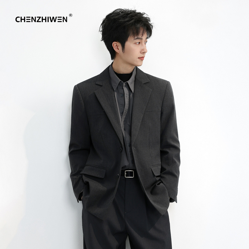 Chen Zhiwen Casual Wool Blend Notched Lapel Suit for Men, New Autumn Style, High-End Slim Fit Vintage Blazer