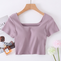 Cup one-piece open umbilical short sleeve T-shirt cotton female summer with chest pad free of wear bra square collar outside wearing bottom half-sleeve shirt