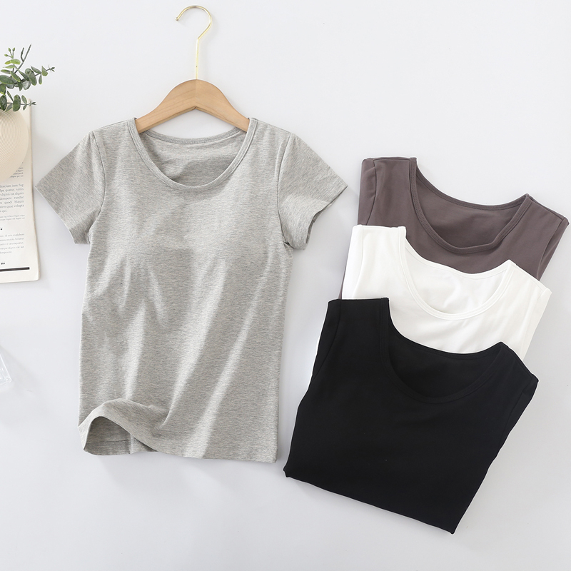 Pure Cotton Short-Sleeved T-Shirt with Chest Pads, No Underwire, Breathable Molded Cup Bra, Integrated Solid Color Round Neck, Suitable for Outerwear
