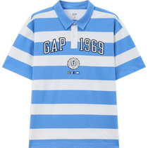 Gap mens and womens 2024 summer new washed cotton logo contrast striped polo shirt short-sleeved T-shirt 465598