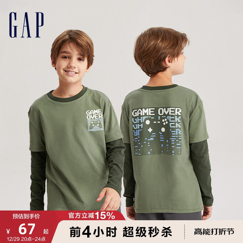 Gap boy fall 2023 new pure cotton dummy two long sleeves T-shirt 736017 Children clothing foreign air casual blouses-Taobao