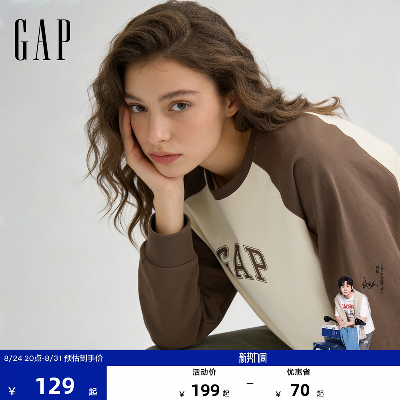 [Cheng Yi Endorsement] Gap Men's and Women's Clothing 2026 Autumn Printed Logo Contrast Color Raglan Loose Long Sleeve T-Shirt 725630