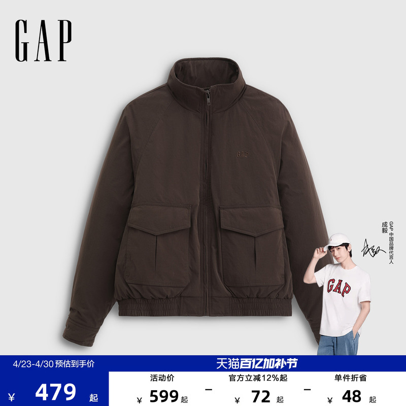 Gap Women's Winter Style Logo Embroidered Zipper Stand Collar Jacket Loose Casual Jacket 829154