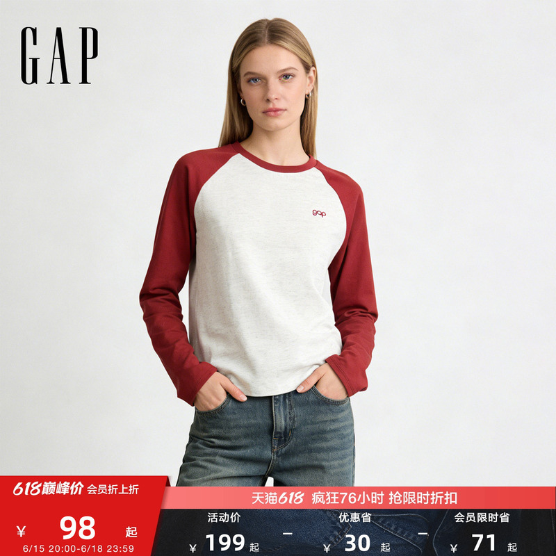 [Cheng Yi Endorsement] Gap Women's Clothing 2026 Spring New Pure Cotton Contrast Color Round Neck Raglan Long Sleeve T-Shirt 858774