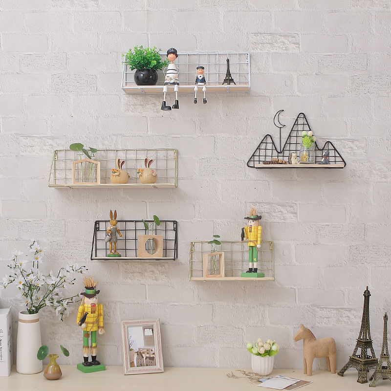 Nordic wall Wrought iron shelf Wall hanging creative hanging shelf Wall hanging decoration Bedroom word partition Solid wood board