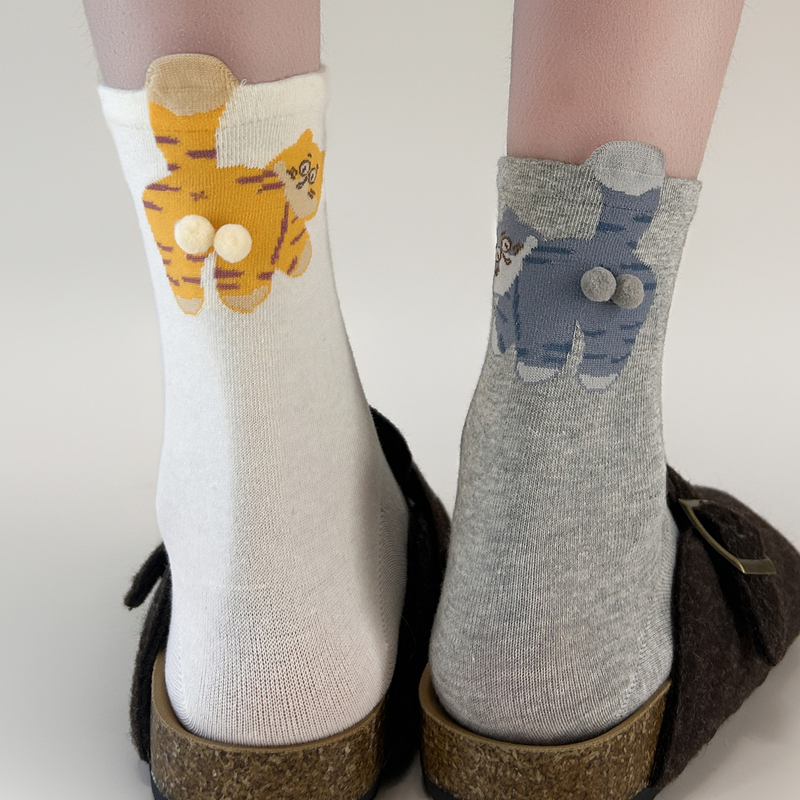 【4 Pairs】So Fun! Cat Lovers Just Can'T Help Themselves~ Women's Socks with Cat Design, Seamless Cotton