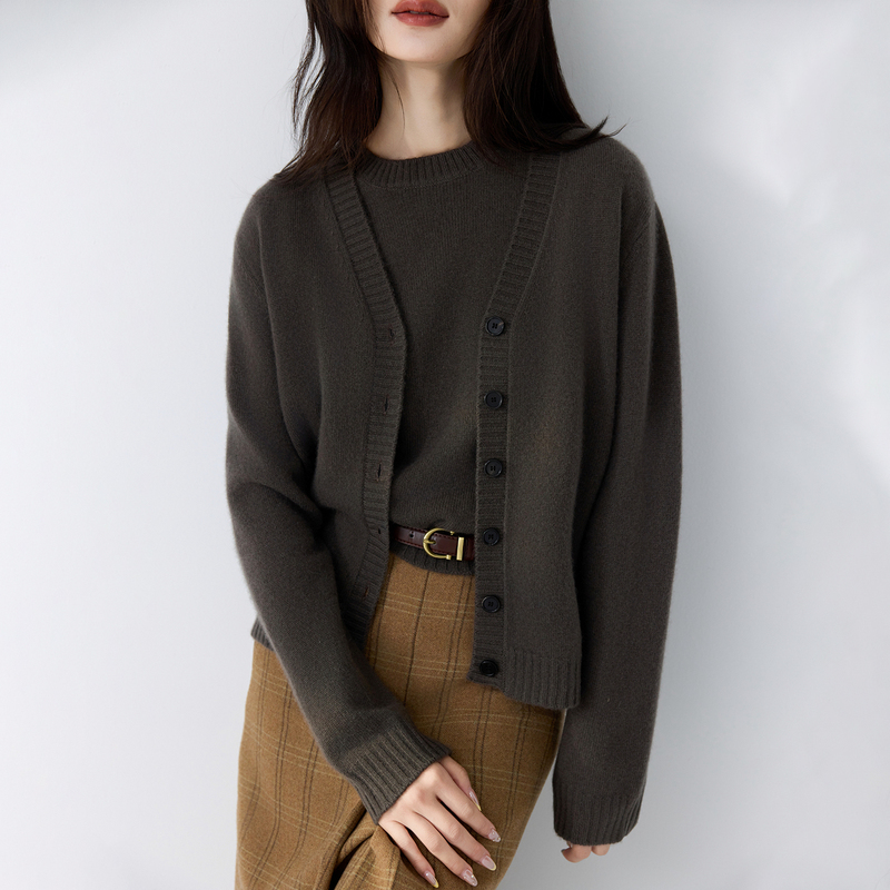 Two-Piece Set: Baby Cashmere V-Neck Cardigan + Round-Neck Cashmere Short-Sleeve Women's Thick Loose Knit Sweater Jacket