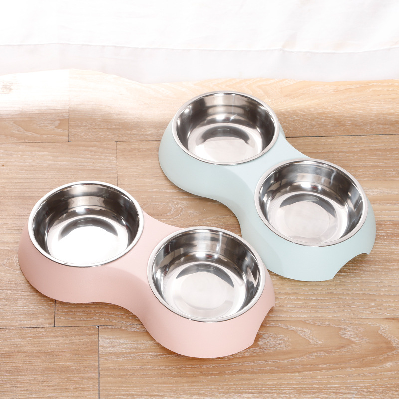 Macaron-colored cowhide texture pet double bowl INS style oval simple pet dog bowl cat bowl