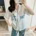 Quần dài ngắn tay pyjama nữ mùa xuân và mùa hè in ấn dễ thương con voi mô phỏng lụa hai mảnh phù hợp với băng lụa dịch vụ nhà mỏng - Cha mẹ và con