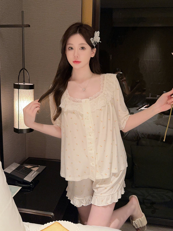 Modal Short-Sleeved Pajamas for Women, Summer French Style, Fresh and Sweet, Lace, Small Floral Home Clothes, Two-Piece Set