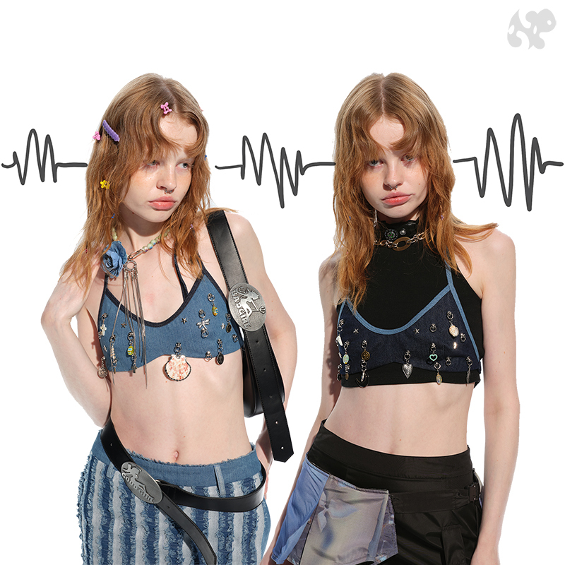 Next Star and Moon Ocean Two-Tone Bikini Tank Top/Strappy Tank Top with Denim Strap Decoration