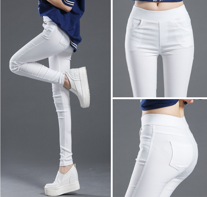 Petite Women's White Cropped Leggings for Outerwear, Thin High-Waisted Stretchy Skinny Pencil Pants for Spring and Autumn