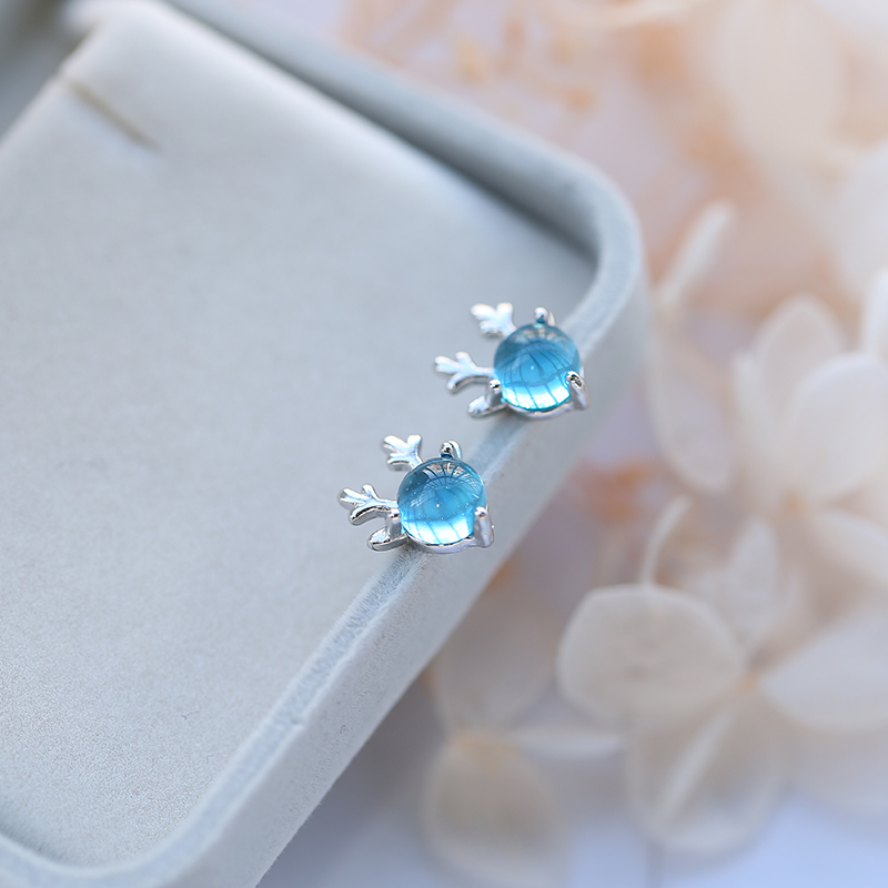 s925 sterling silver one deer has your ear needle simple and small elf water blue earrings personality wild girl antler earrings