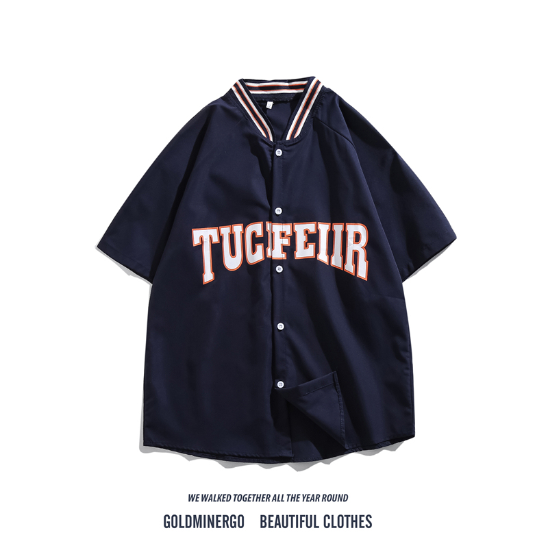 American Hip-Hop Baseball Collar Short-Sleeved Shirt for Men, Summer Trendy Brand Letter Print Shirt, Loose Casual Handsome Jacket