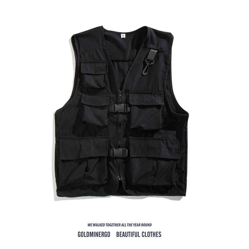 Japanese-style functional multi-pocket workwear vest, trendy streetwear sports vest, loose-fitting sleeveless jacket.