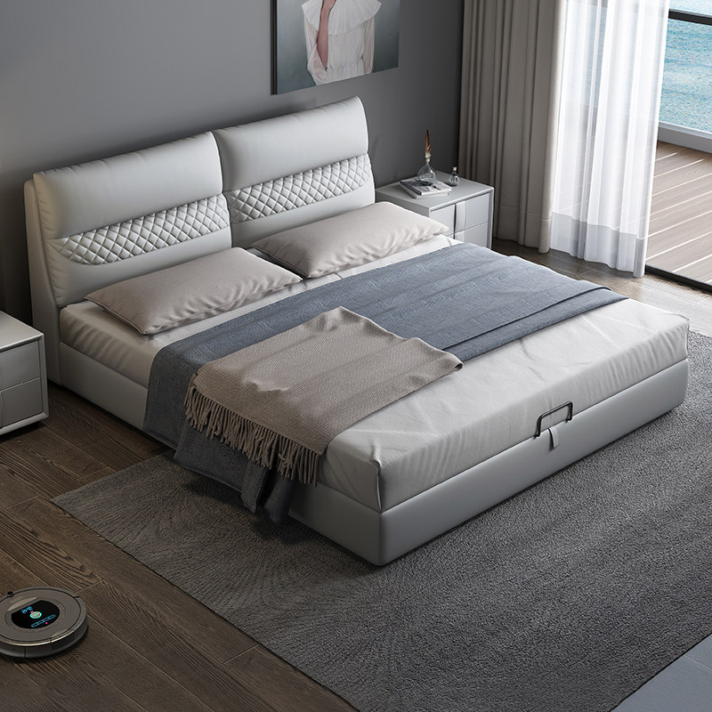 Leather bed modern minimalist genuine leather bed 1 8 m master bedroom with double bed and tatami bed for small family Nordic storage wedding bed
