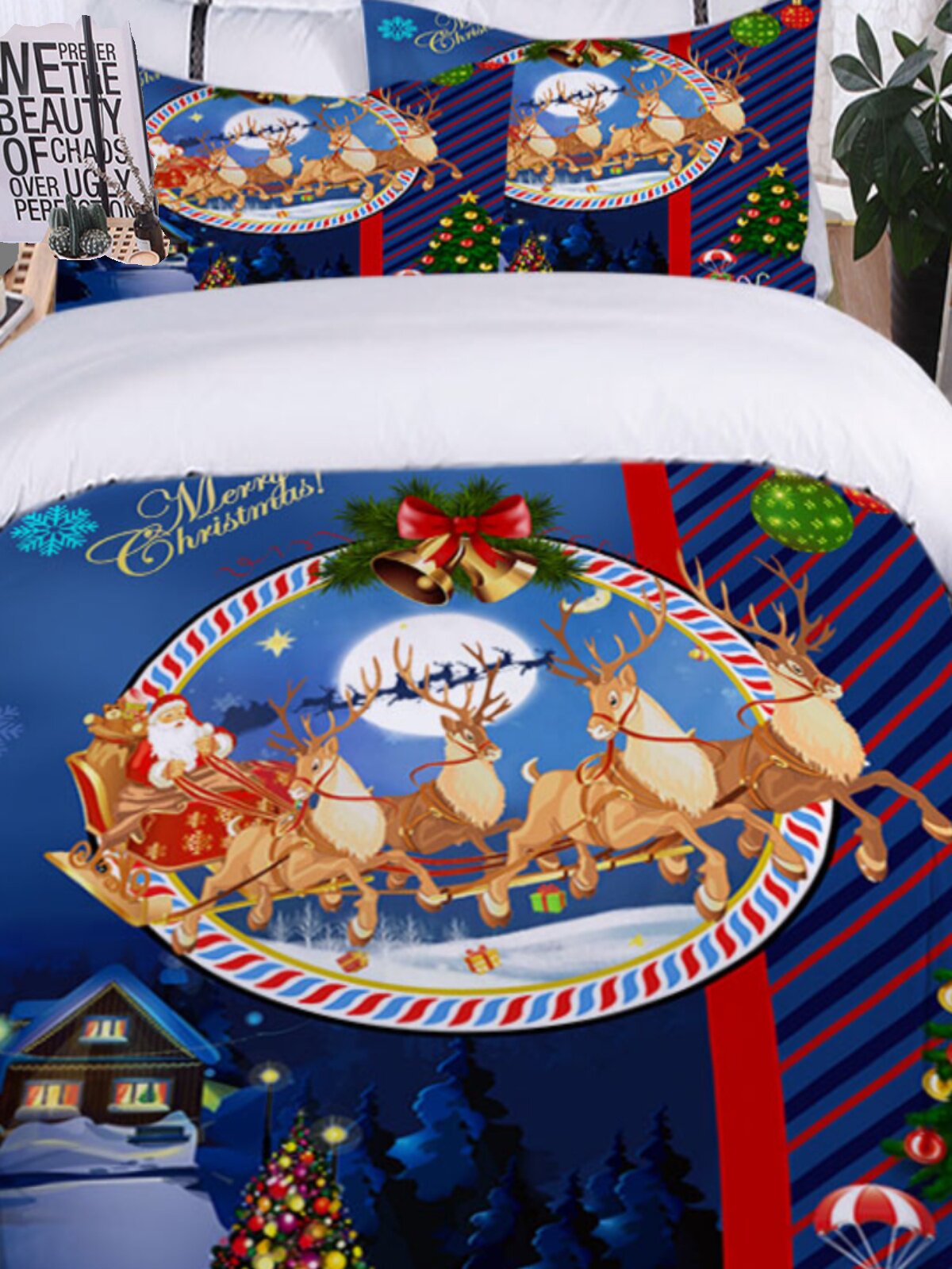 Santa Elk three-piece bedding set Christmas gift 3D digital printing quilt cover pillowcase quilt cover sheet