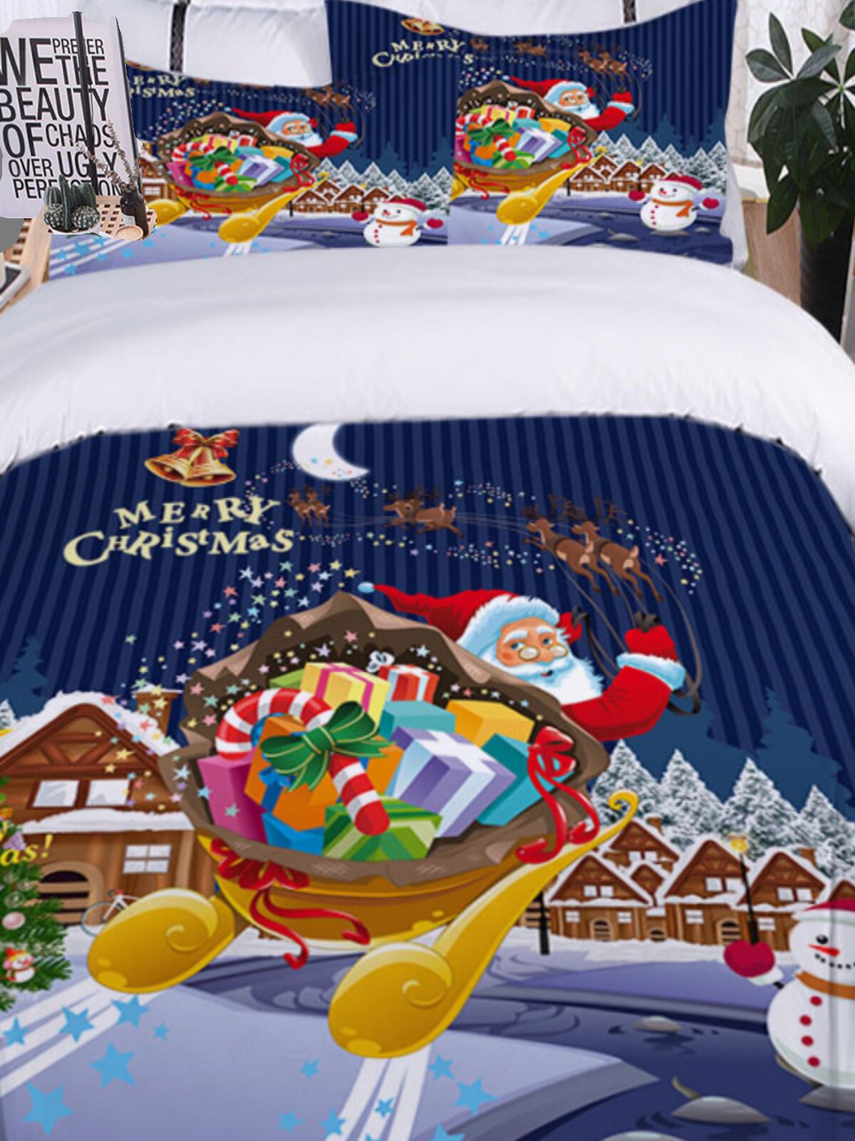 Santa Elk three-piece bedding set Christmas gift 3D digital printing quilt cover pillowcase quilt cover sheet