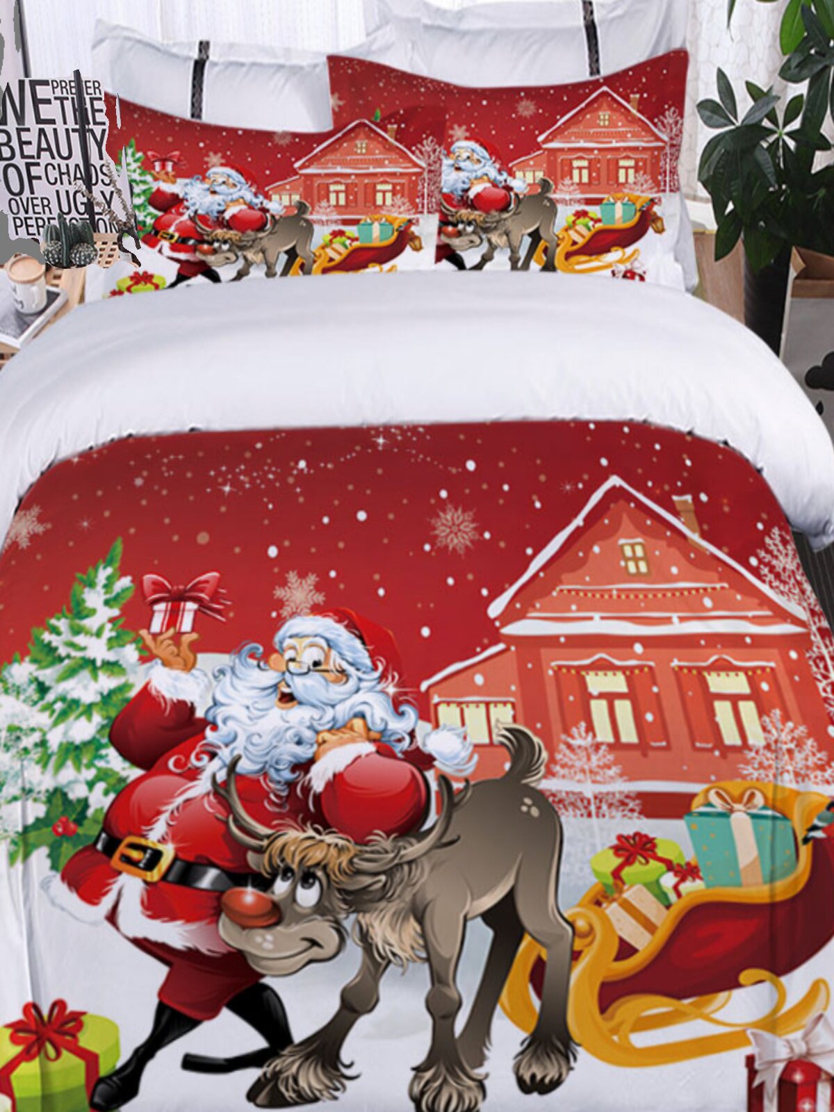 Santa Elk three-piece bedding set Christmas gift 3D digital printing quilt cover pillowcase quilt cover sheet