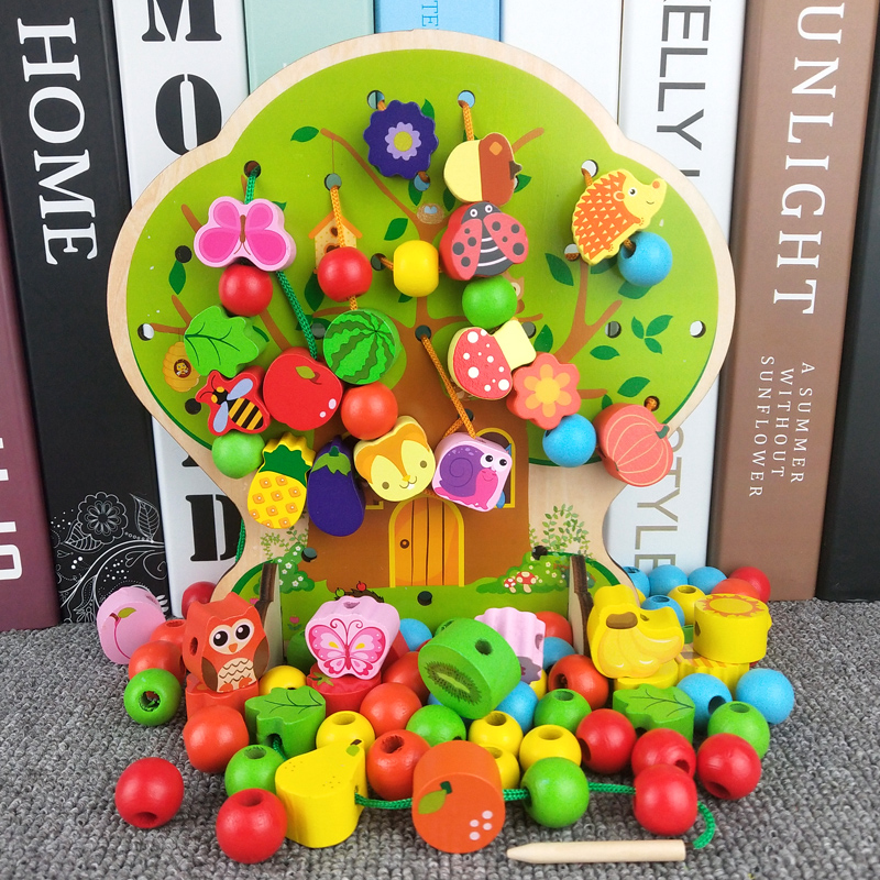 Children's puzzle beaded wood balls string string music beads early education stringing rope stringing baby fine motion training toys
