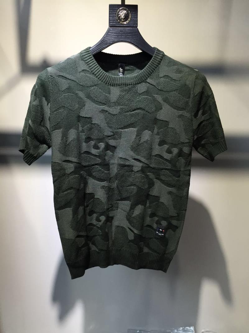 2018 new vòng cổ áo len nam ngắn tay áo thun giản dị đáy áo nửa tay xu hướng ngụy trang jacquard áo len