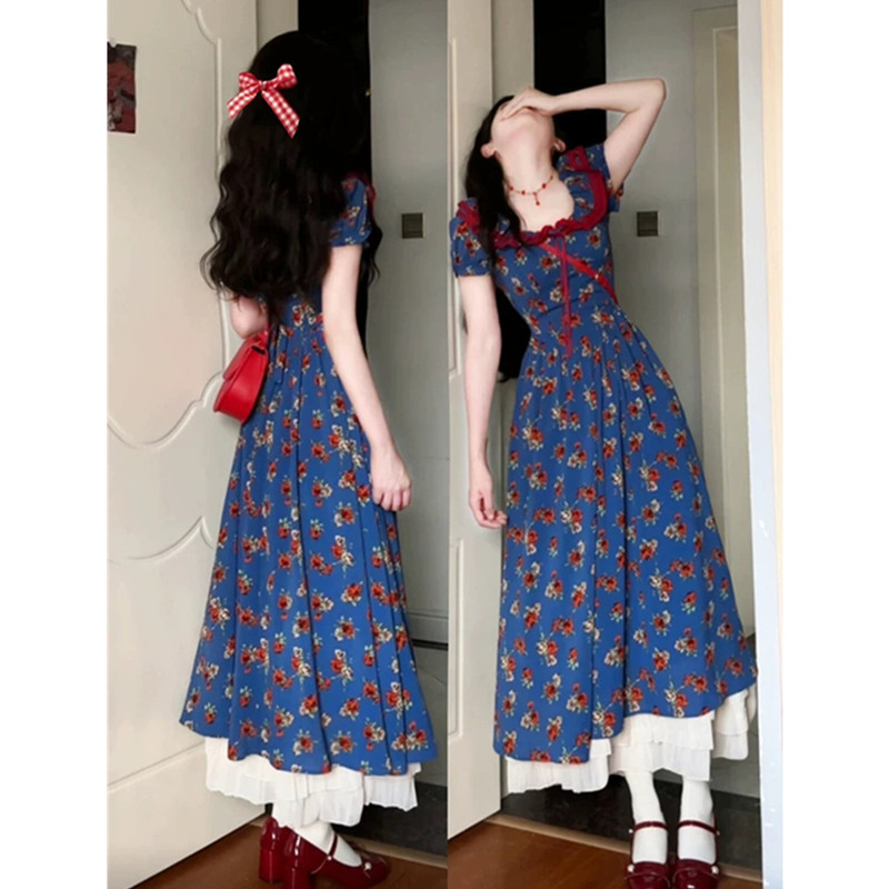 French-Style Blue Floral Dress for Women, Summer 2025 New Model, Seaside Vacation, High-End, Elegant, Waist-Cinching Long Dress French-Style Blue Floral Dress for Women, Summer 2025 New Model, Seaside Vacation, High-End, Elegant, Waist-Cinching Long Dress