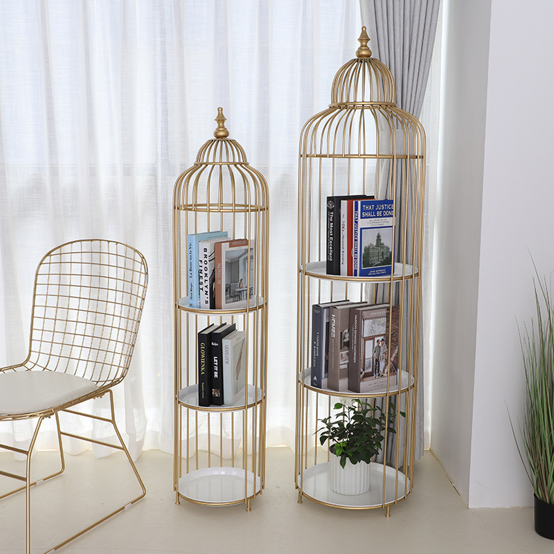 Modern minimalist flower stand double-layer wrought iron bird cage shelf wooden room layout decoration decoration living room next to the sofa