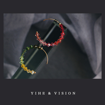 YIHE 原创设计(渐变彩虹)小巧纤细红绿色系水晶14k包金耳圈饰