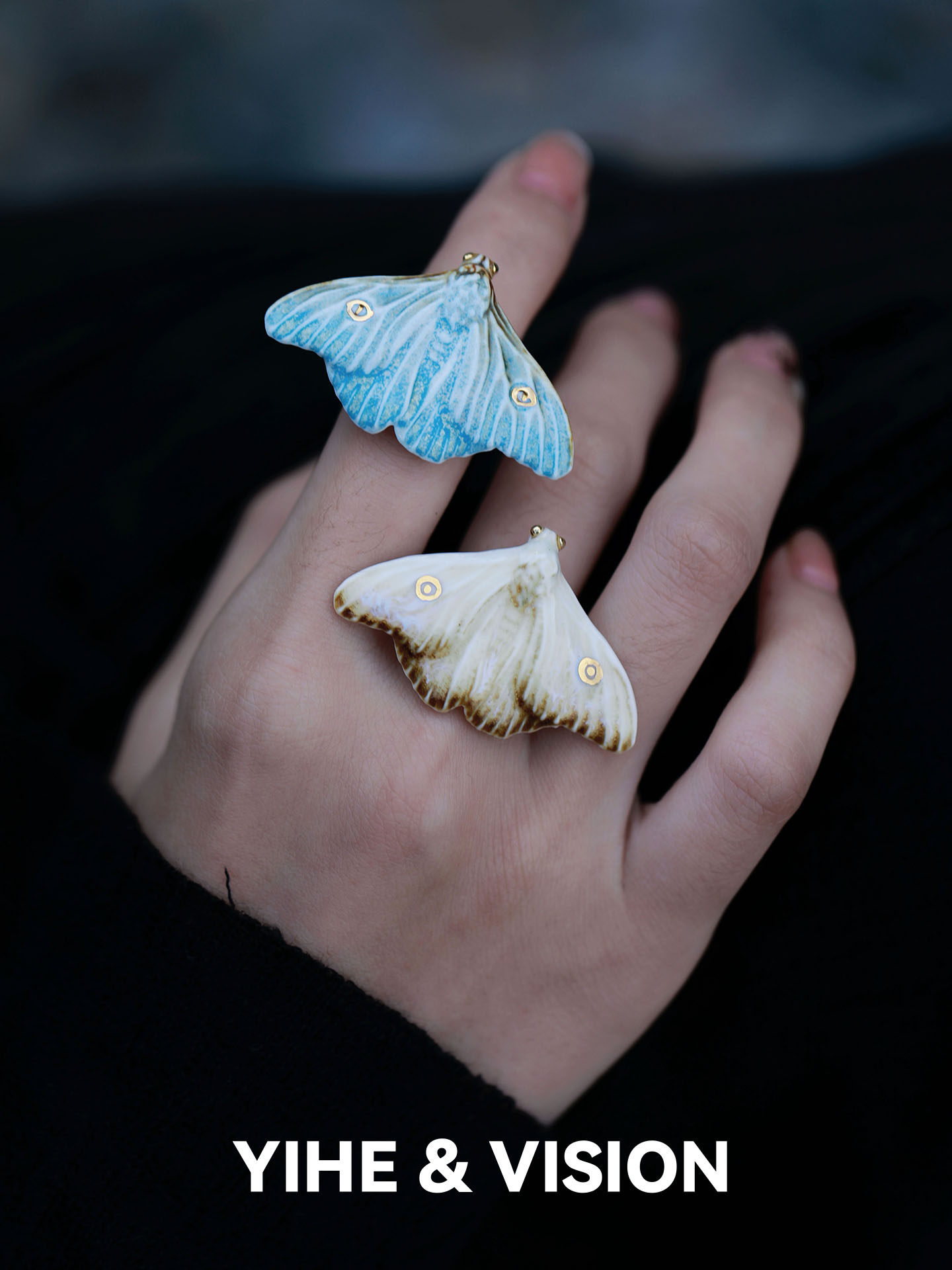 YIHE Yihe original design Ember Frost Moth yellow and blue moth versatile daily literary and artistic ceramic ring