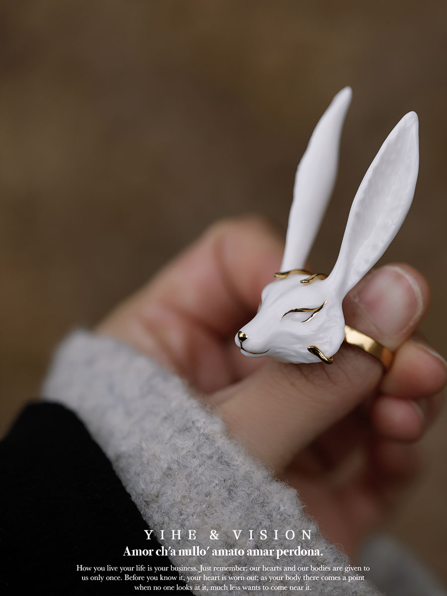 YIHE original design Meihu unique niche platinum handmade ceramic fox men's and women's rings