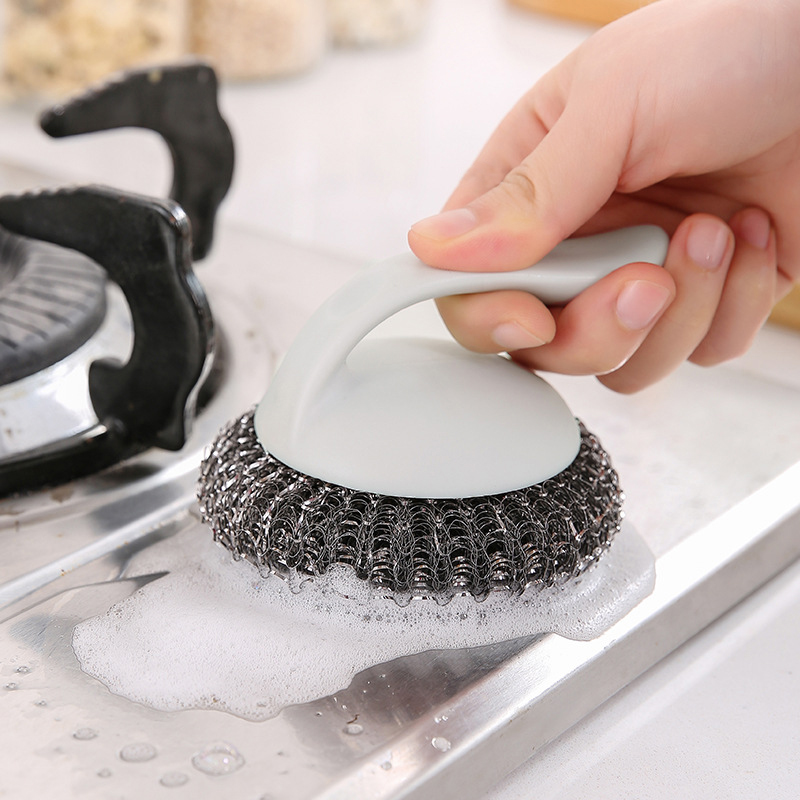 Curie life stainless steel wire ball brush with handle kitchen cleaning degreasing household brush non-stick pan brush 6308