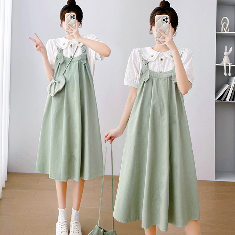 2026 Plus Size Women's Summer Clothing for Fat Women, Loose and Slimming, French Embroidered Doll Collar Shirt and Suspender Dress Set